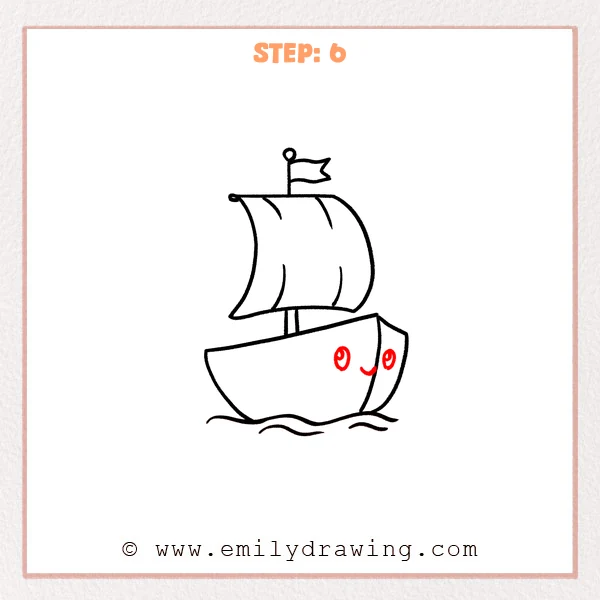 how to draw a cartoon boat - A cartoon sailboat with waves, now featuring two cute eyes and a small smiling mouth on the hull.